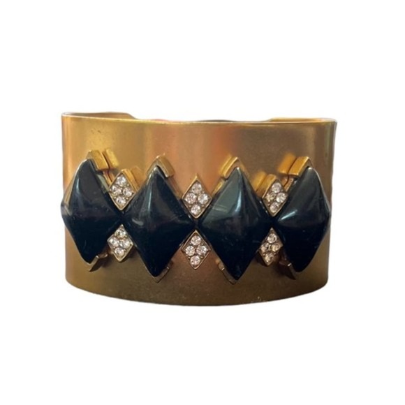 Gerard Yosca Black Howlite Brass Open Cuff Bangle Bracelet Vintage - Picture 2 of 6